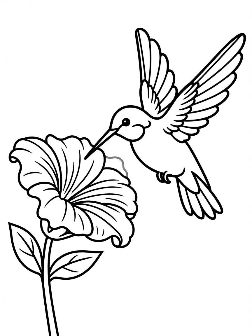 A hummingbird hovering at a flower, with its rapid wing beats blurred and long beak reaching for nectar
