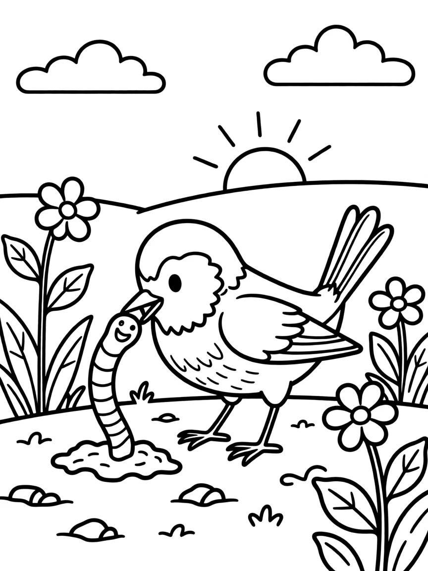 A robin pulling a worm from the ground, showing early morning activity and spring garden setting