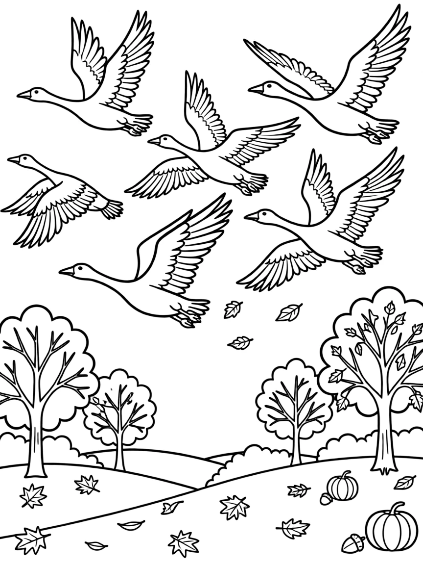 A group of geese flying in V-formation, with detailed wing positions and autumn landscape below them