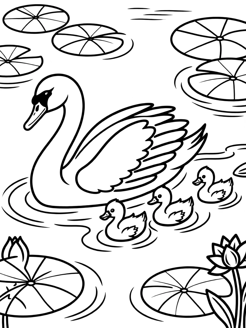 A swan family gliding across a lake, with cygnets following closely and lily pads decorating the water