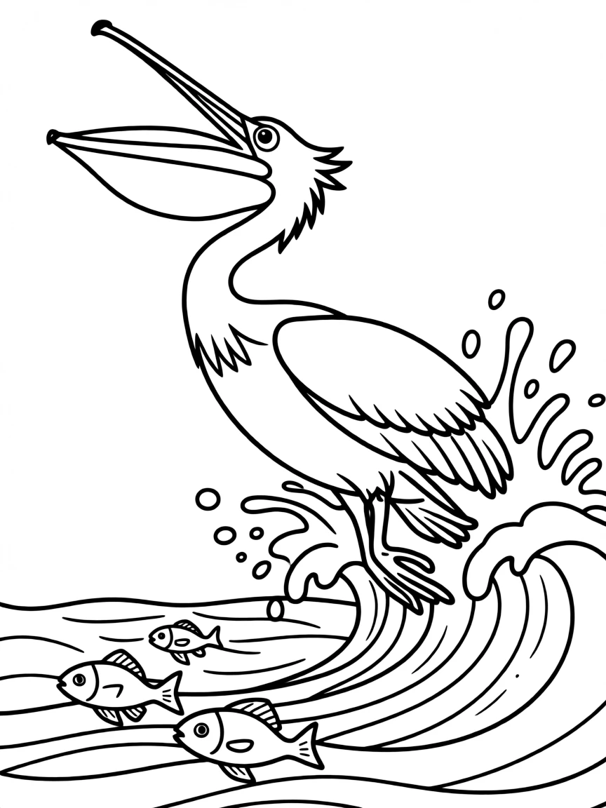 A pelican diving for fish, with its large beak and pouch clearly shown and ocean waves splashing around
