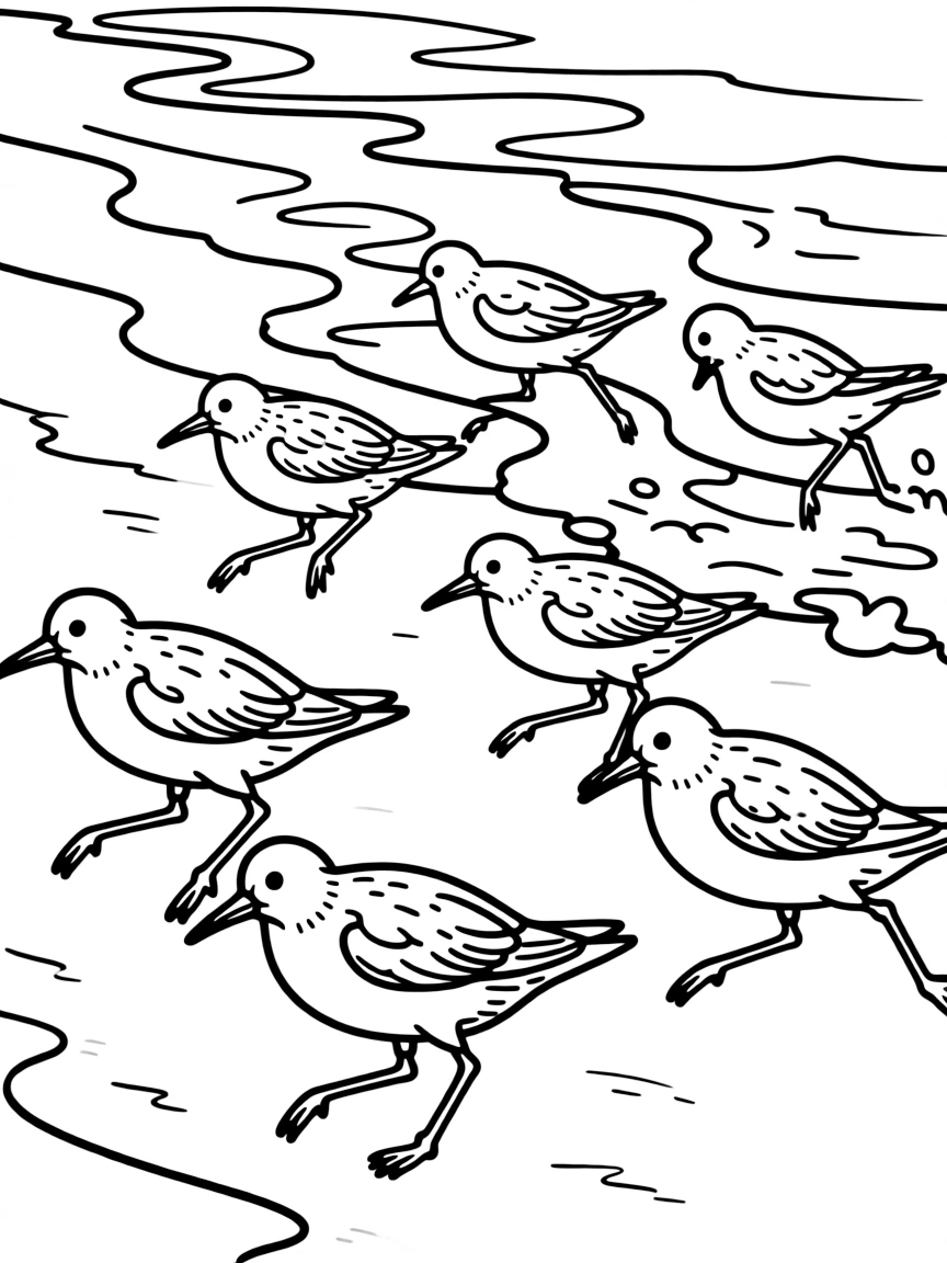 A group of sandpipers running along a beach, with waves washing up and their quick movements captured
