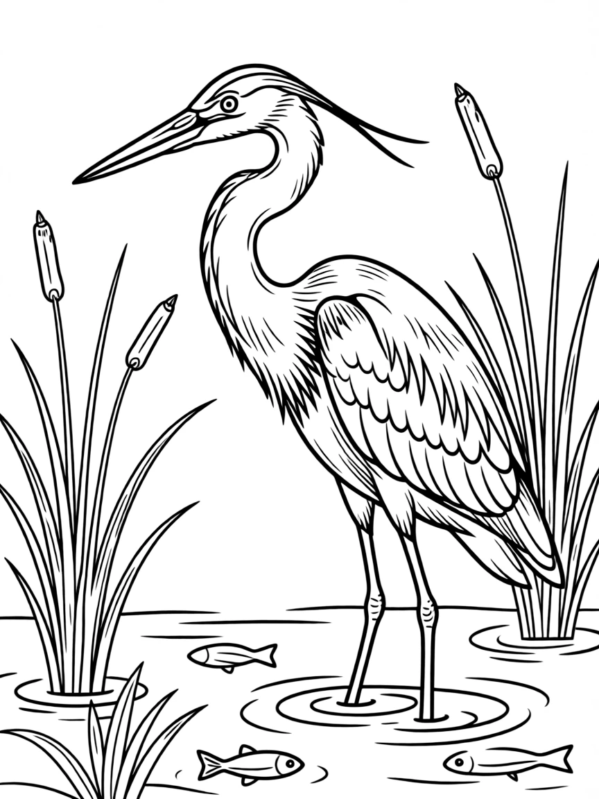 A great blue heron standing motionless in shallow water, waiting patiently to catch fish with reeds around