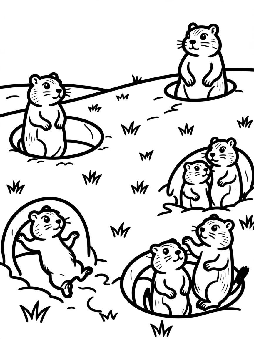 A family of prairie dogs popping up from their burrows, with some standing guard while others play