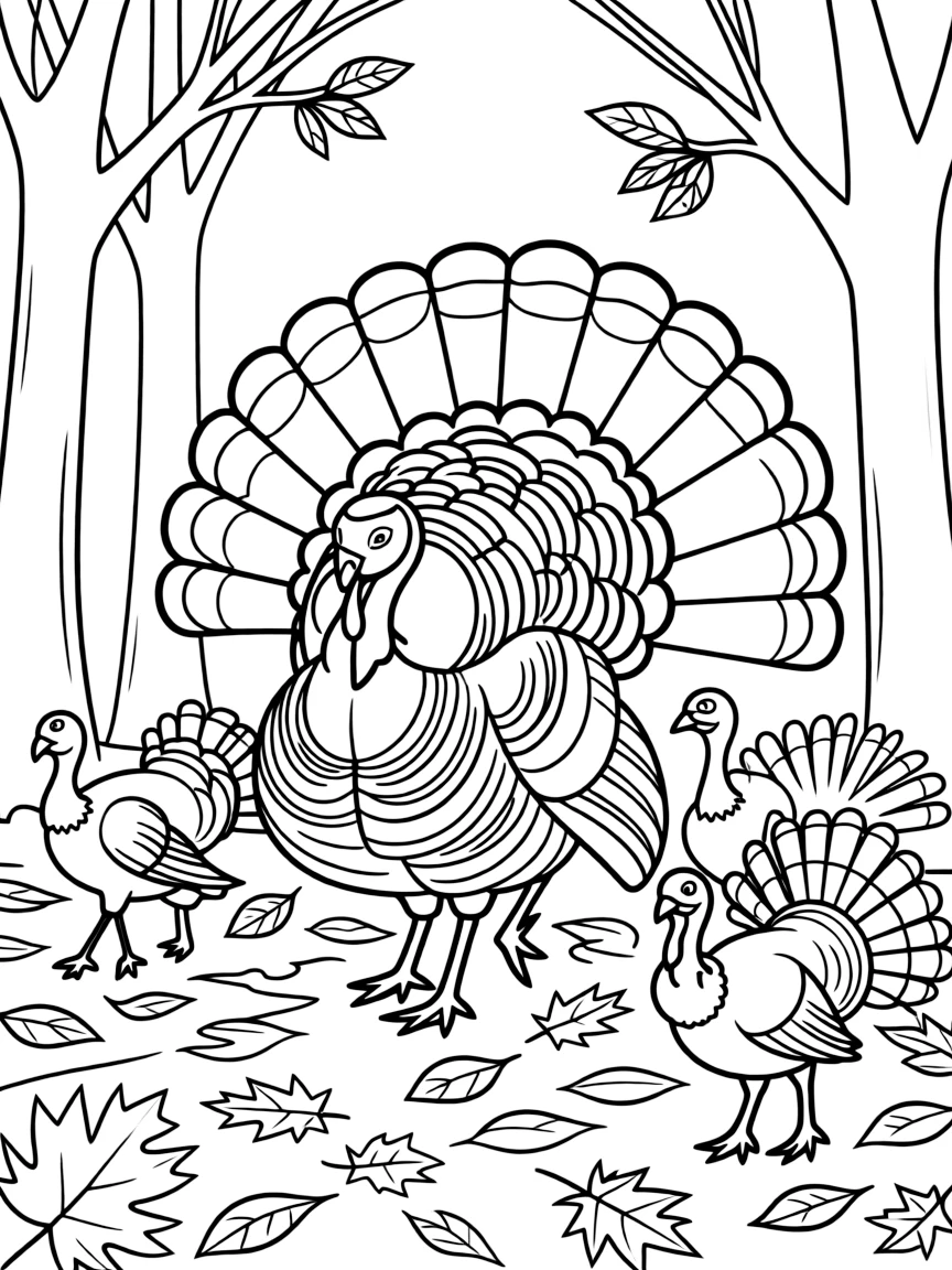 A group of wild turkeys strutting through autumn woods, with fallen leaves and the male's display feathers