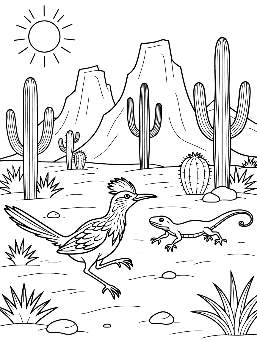 A roadrunner chasing a lizard across desert terrain, with cacti and rock formations in the Southwest landscape