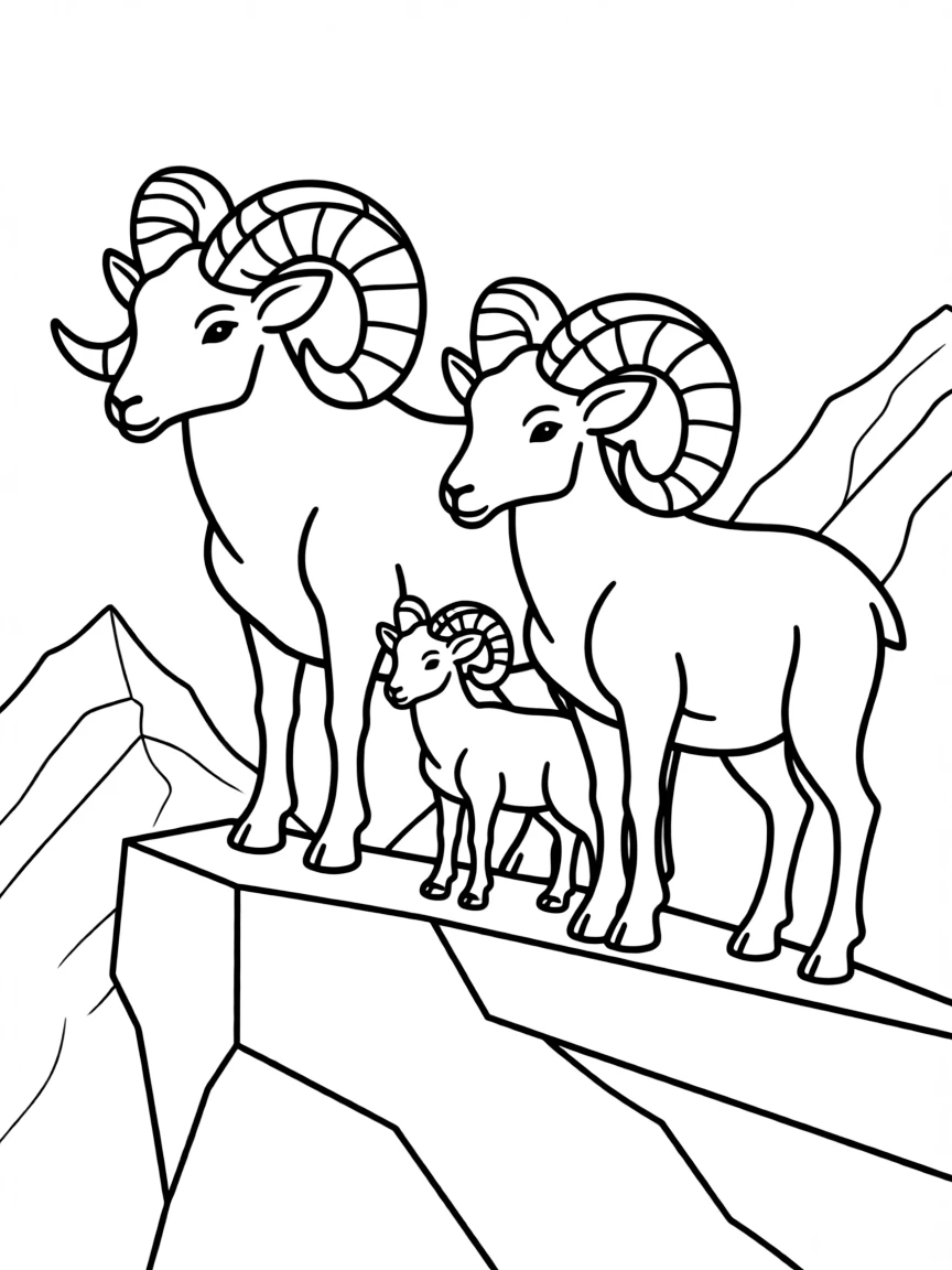 A family of bighorn sheep on a mountain ledge, showing their impressive curved horns and sure footing