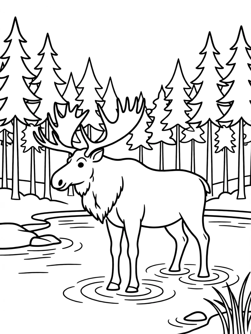 A moose standing in a lake, with its massive antlers and long legs, surrounded by northern forest scenery