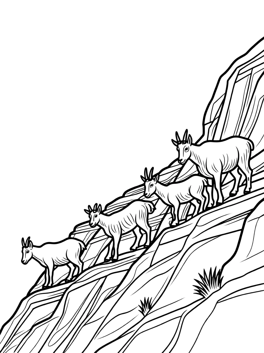 A mountain goat family on steep rocky cliffs, with their white coats and incredible climbing abilities shown