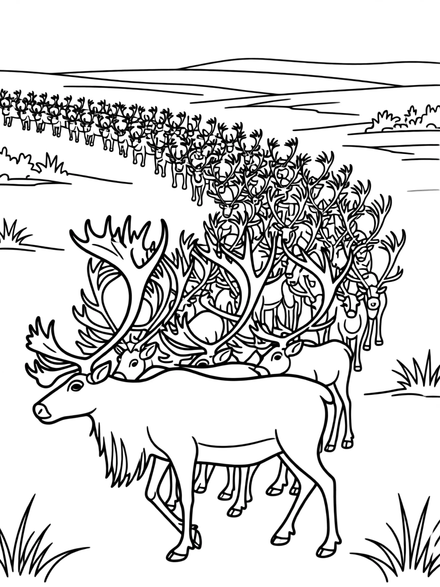 A caribou herd migrating across tundra, with their antlers creating a forest of bone against Arctic sky