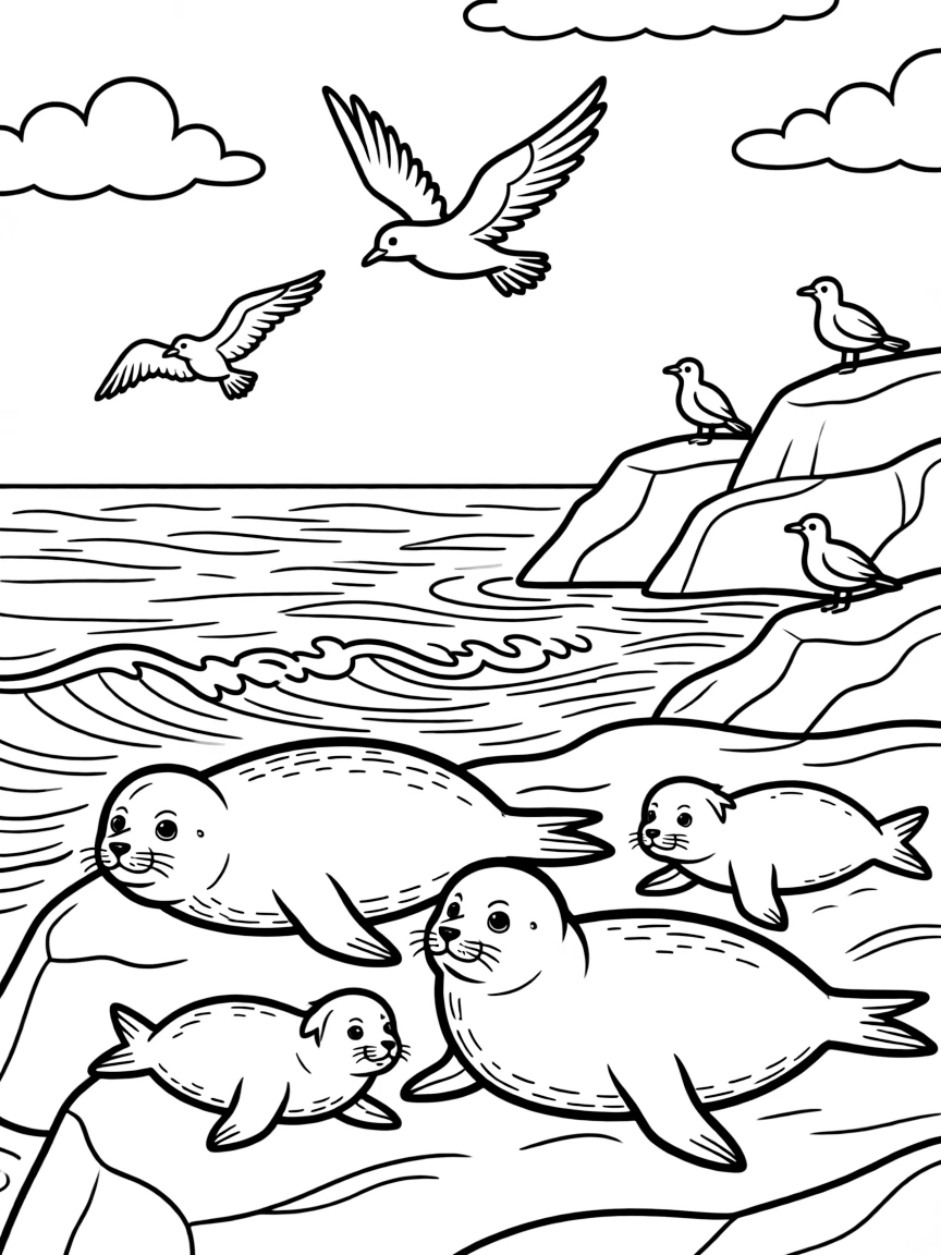 A family of seals sunbathing on rocky coastline, with ocean waves and seabirds creating a marine scene