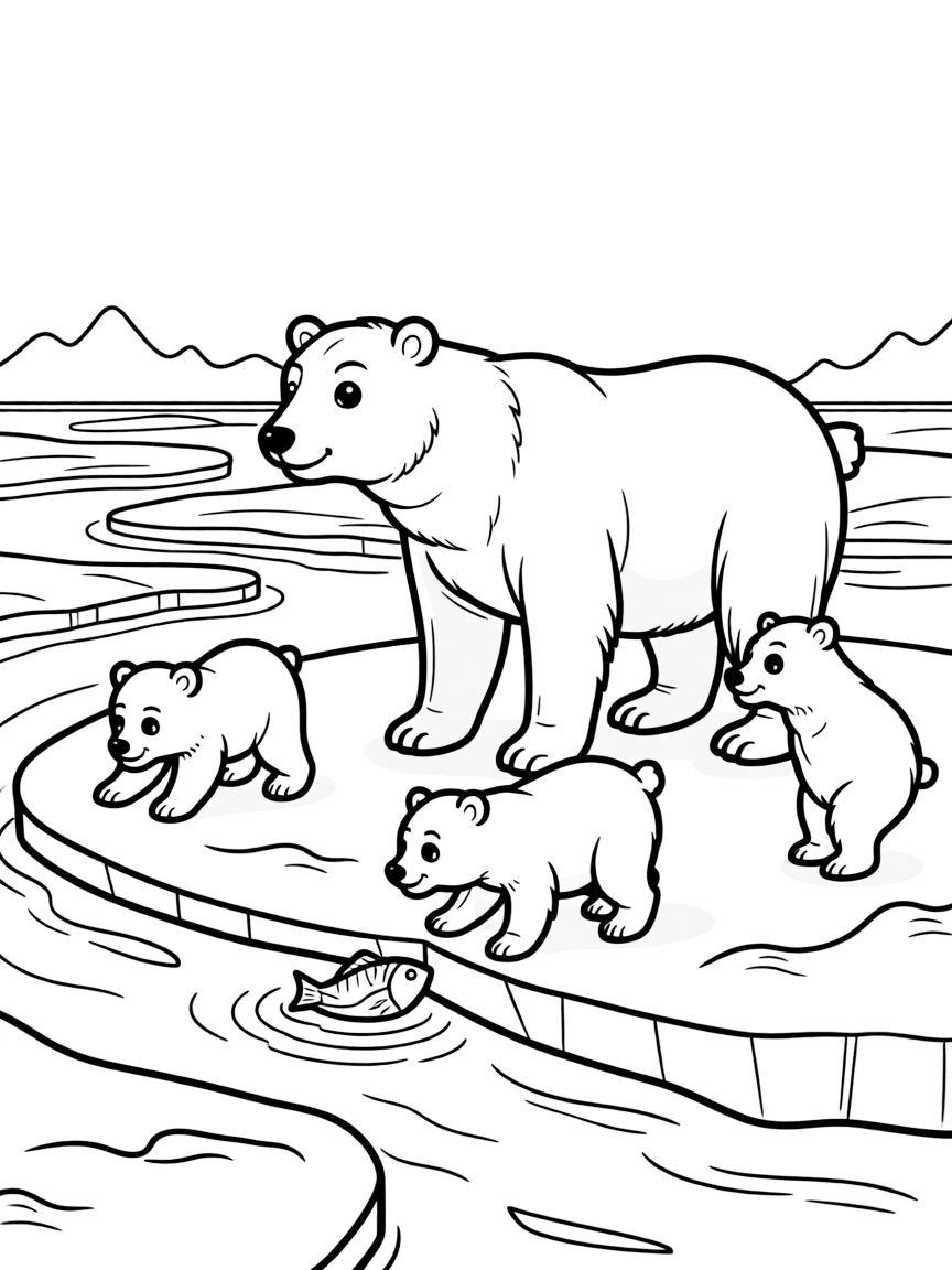 A polar bear family on pack ice, with cubs learning to hunt while their mother teaches survival skills