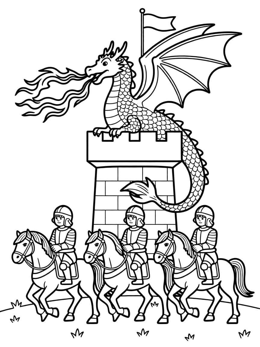 A majestic dragon breathing fire while perched atop a medieval castle, with knights approaching on horseback below