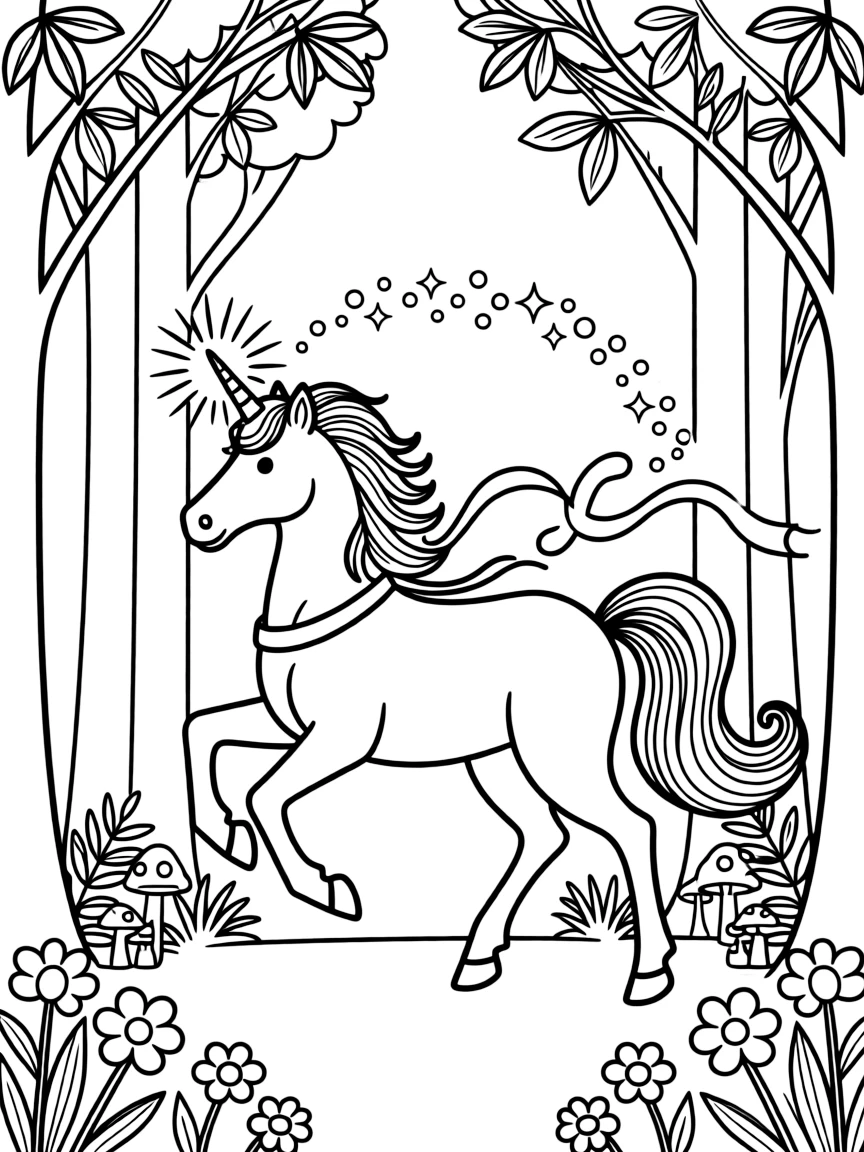 A beautiful unicorn galloping through an enchanted forest, with its horn glowing and magical sparkles trailing behind
