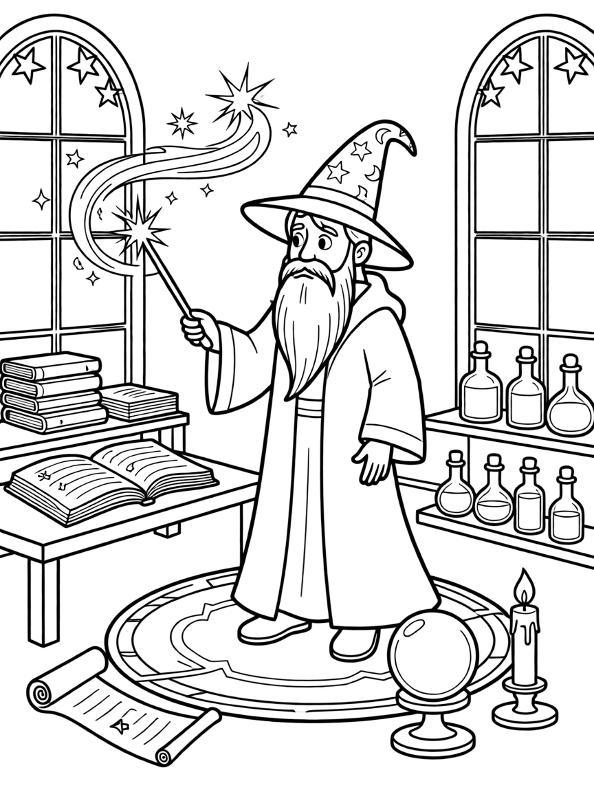 A wise wizard casting spells in his tower study, surrounded by spell books, potions, and magical artifacts