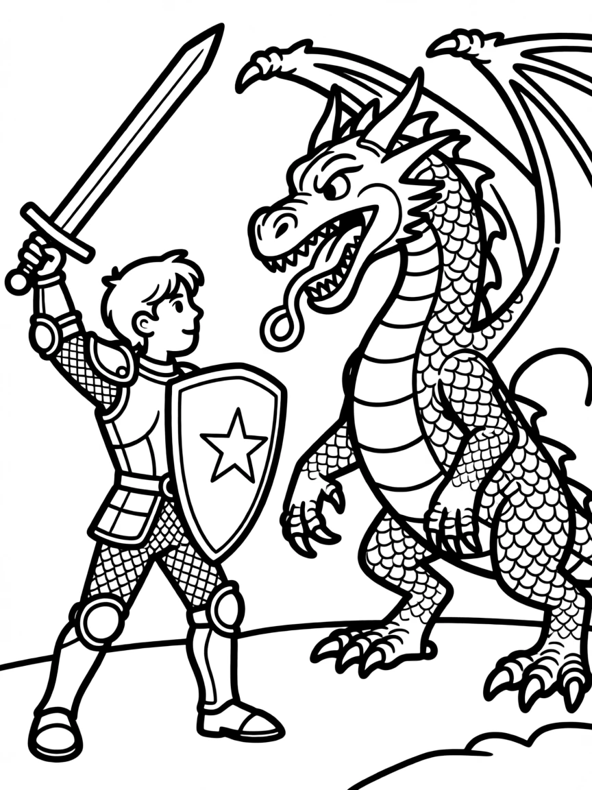 A brave knight in shining armor battling a fierce dragon, with his sword raised and shield protecting him