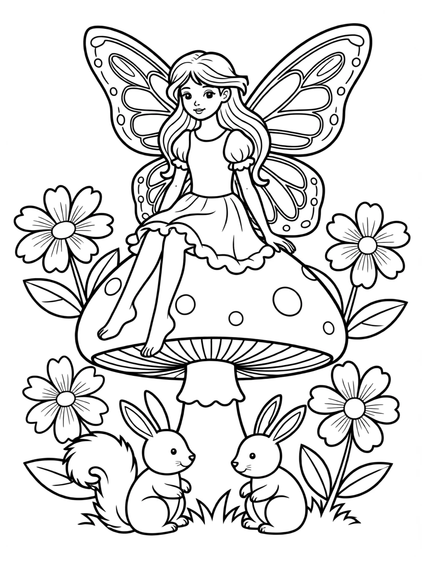 A fairy princess with delicate wings sitting on a mushroom, surrounded by flowers and woodland creatures