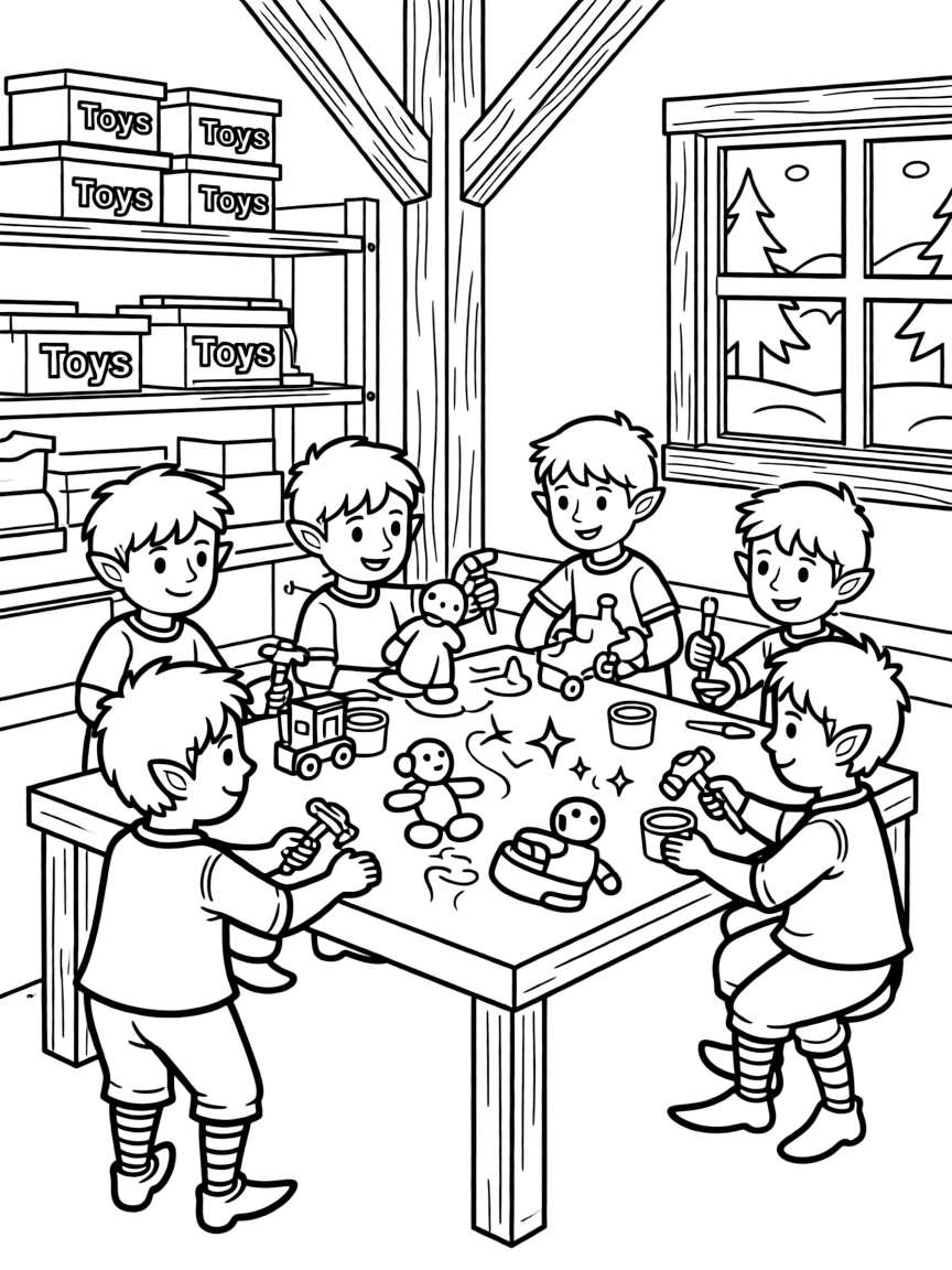 A group of playful elves working in Santa's workshop, crafting toys with hammers, paint, and Christmas magic