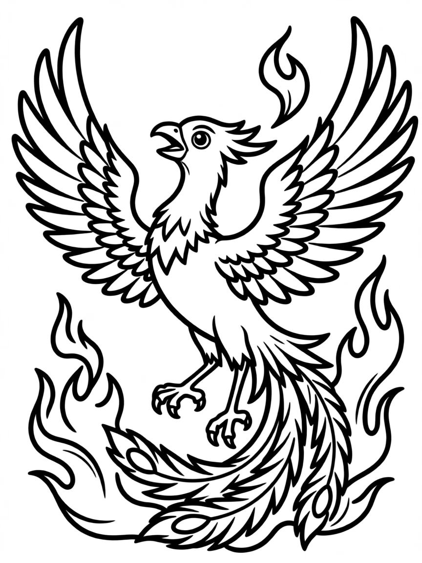 A powerful phoenix rising from flames, with its magnificent feathers spread wide and fire swirling around