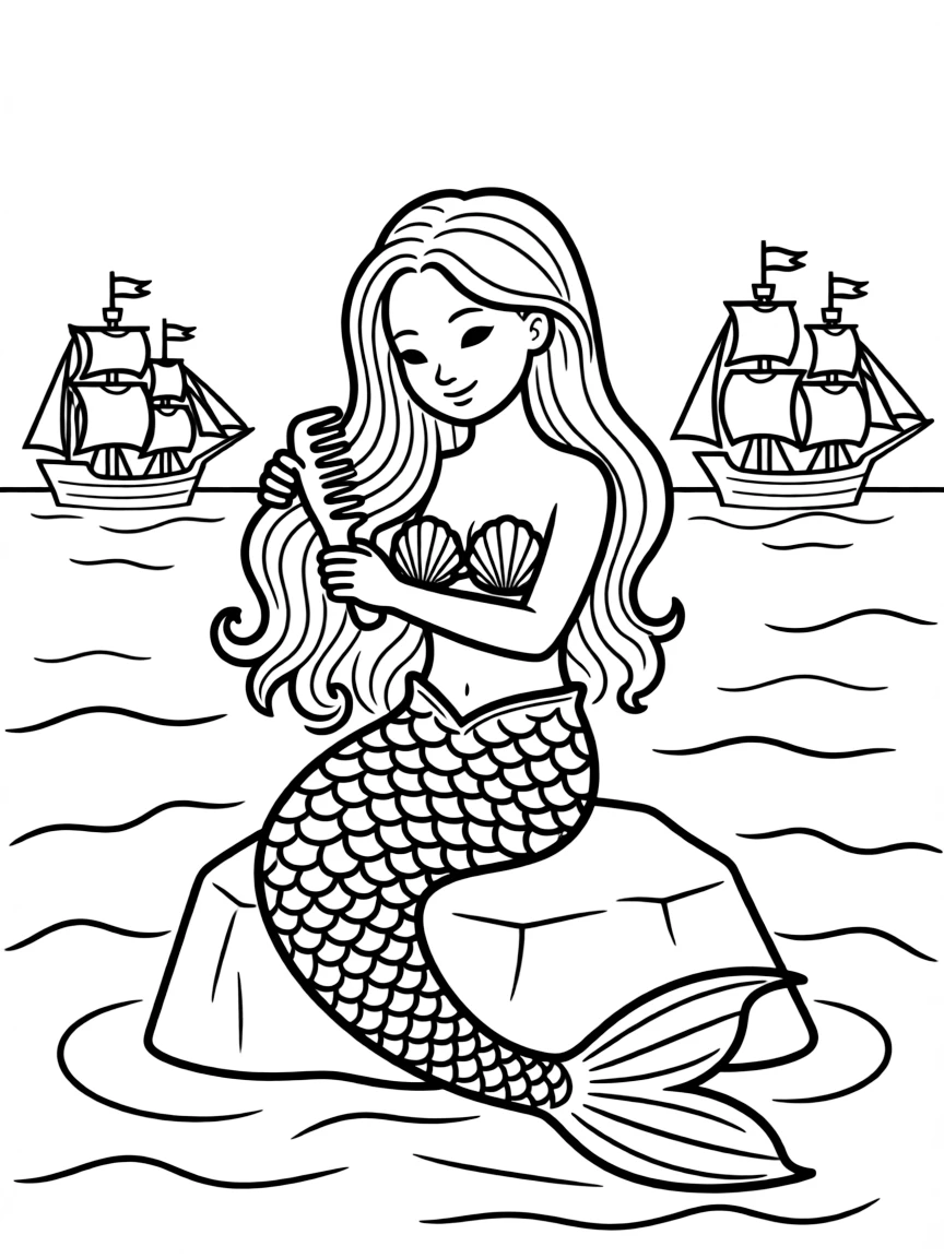 A mysterious mermaid sitting on a rock in the ocean, combing her long hair with ships visible in the distance