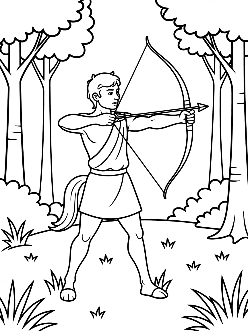 A centaur archer drawing his bow in a forest clearing, with his horse body and human torso clearly detailed