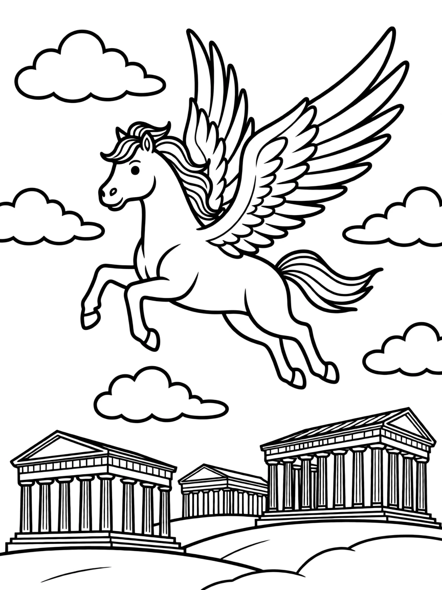 A pegasus flying through cloudy skies, with its white wings spread wide and ancient Greek temples below