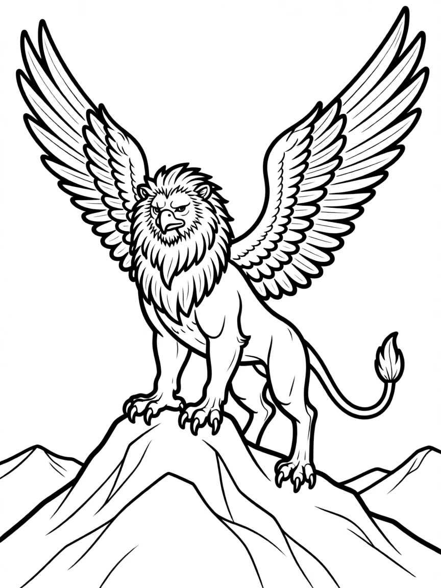A griffin perched on a mountain peak, showing its eagle head and wings with lion body and powerful claws