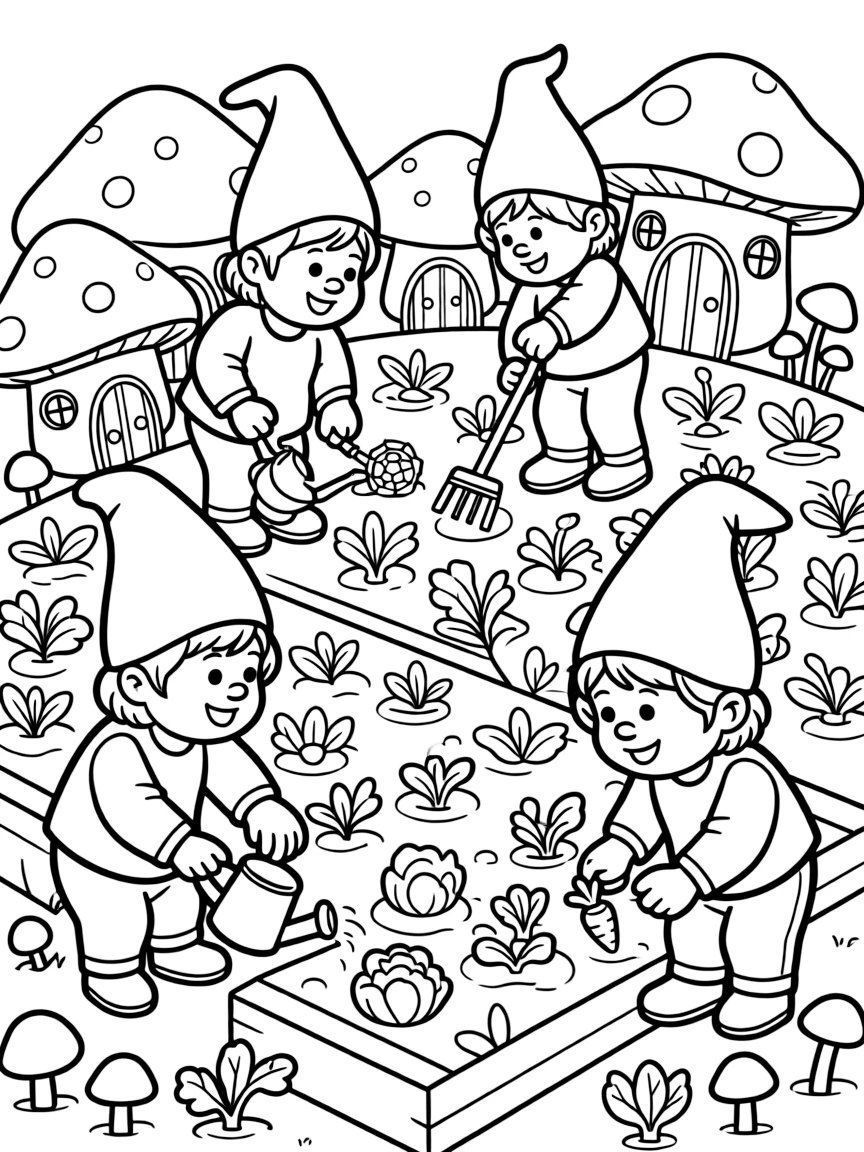 A group of friendly gnomes tending their garden, with tiny houses, mushrooms, and miniature vegetables