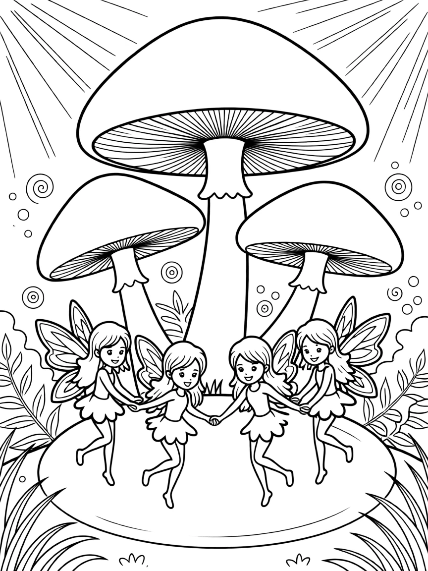A group of pixies dancing in a fairy ring of mushrooms, with glowing dust and magical forest light