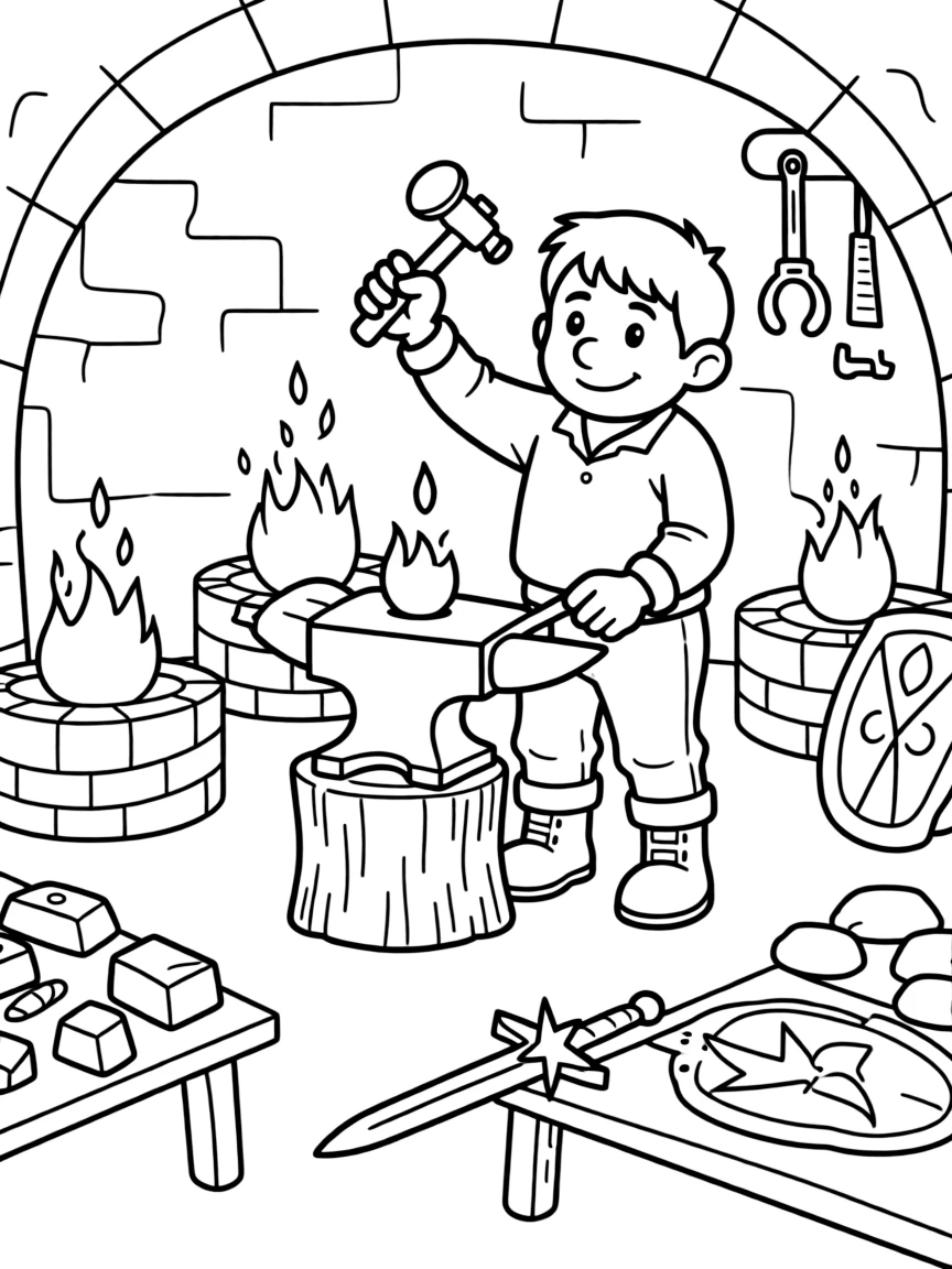 A dwarf blacksmith forging magical weapons in his underground workshop, with anvils, fires, and precious metals