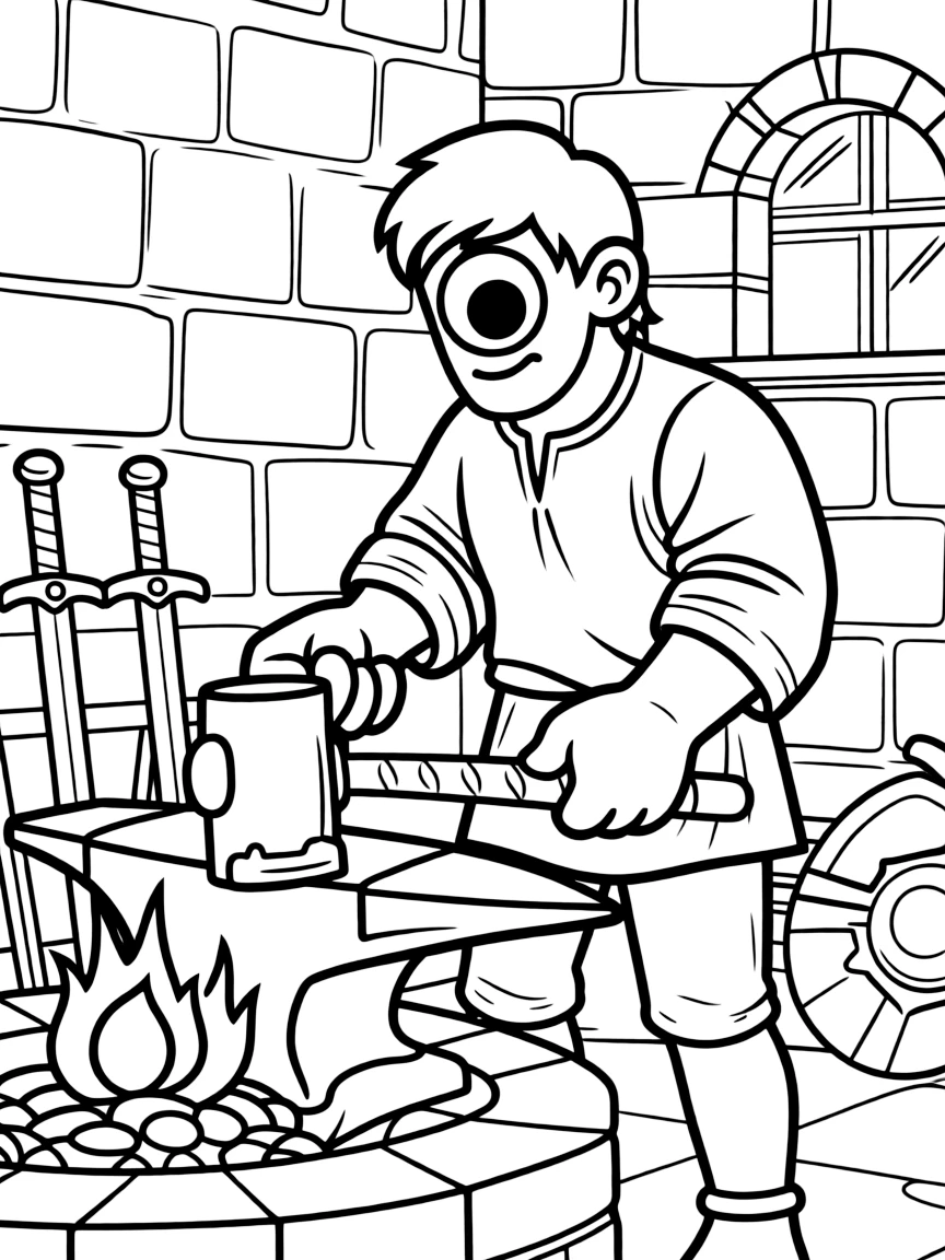 A cyclops working in his forge, with his single eye and massive hands crafting weapons for the gods
