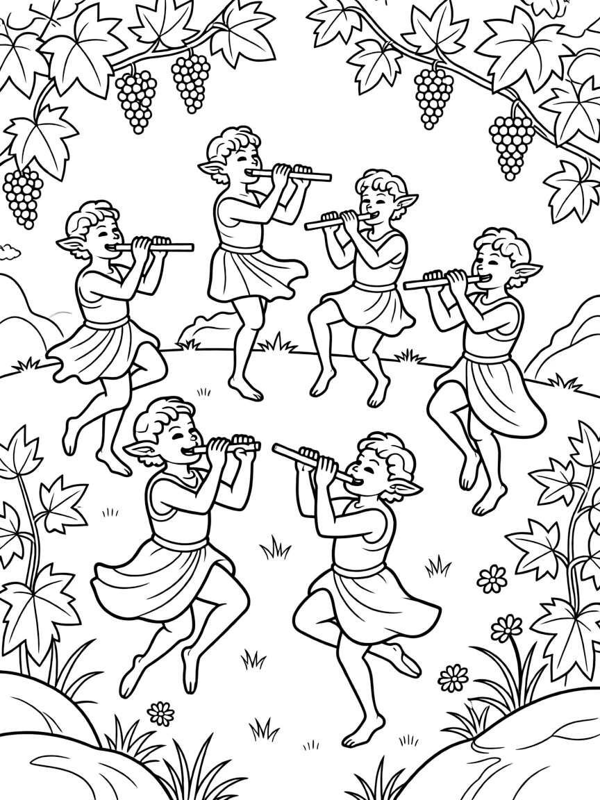 A group of satyrs playing music and dancing in a meadow, with Pan flutes and grape vines everywhere