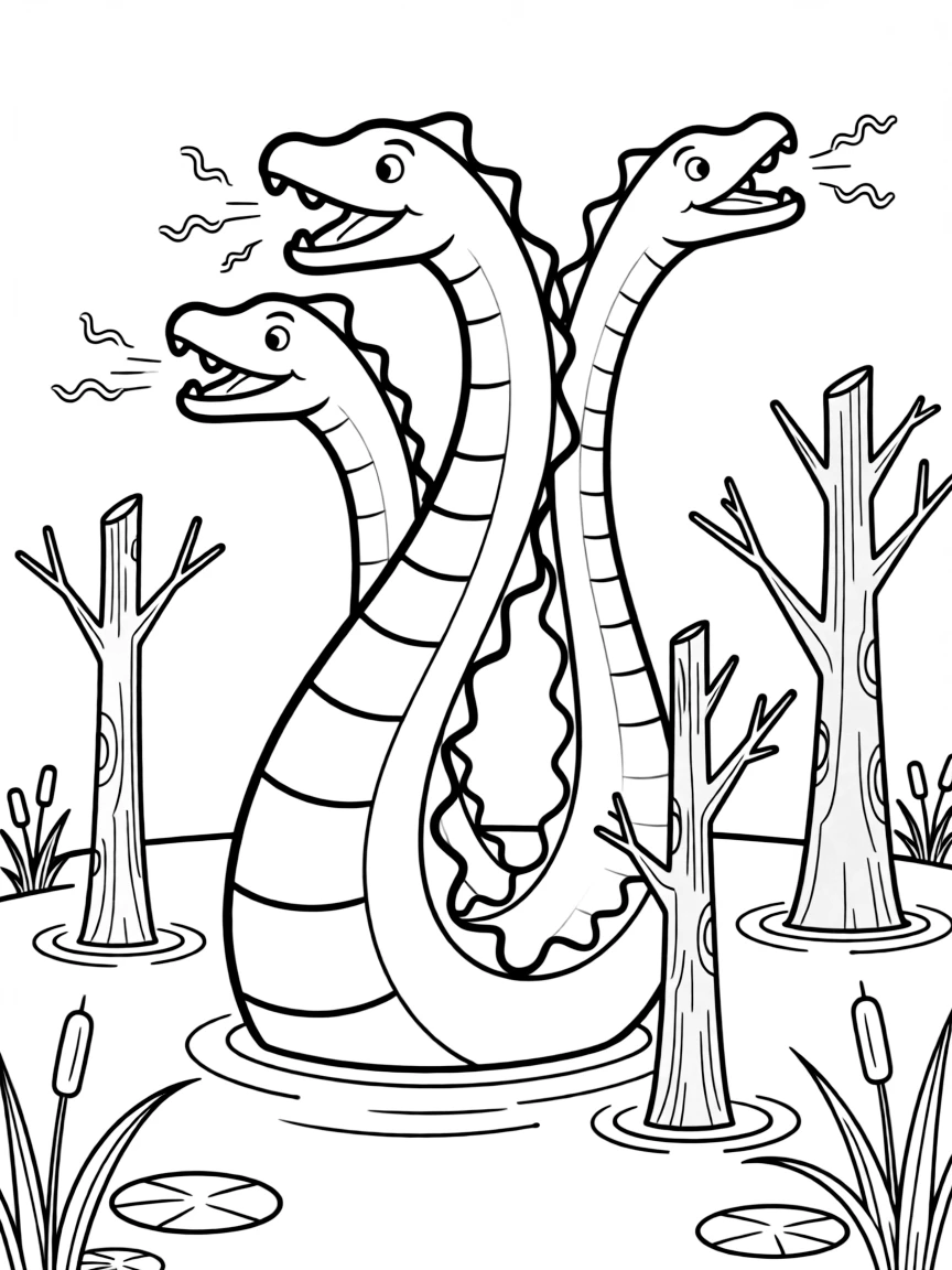 A hydra with multiple heads in a swamp, showing the serpentine necks and poisonous breath among dead trees