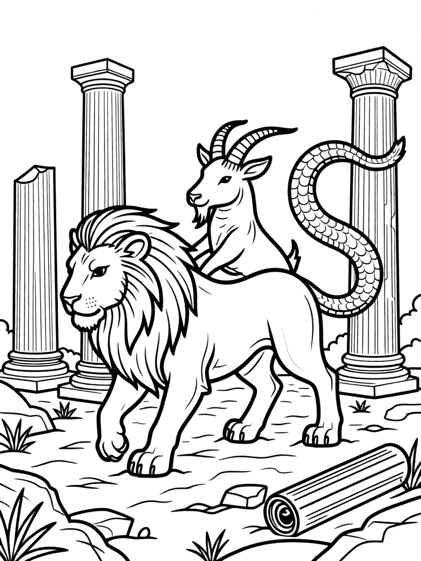 A chimera with lion, goat, and serpent parts prowling through ancient ruins with Greek columns scattered