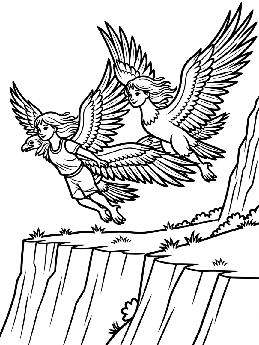 A group of harpies flying over mountain cliffs, with their bird wings and human faces shown in detail
