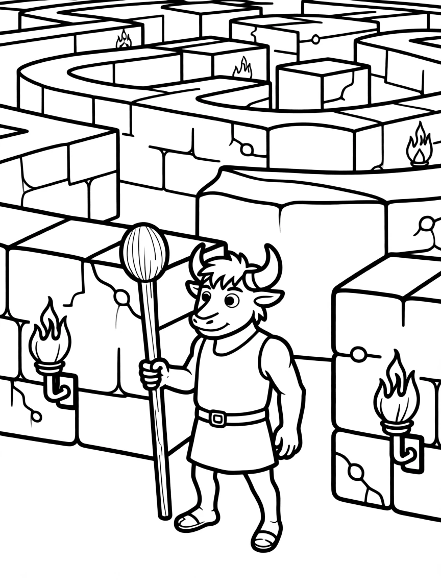 A minotaur standing guard in an ancient labyrinth, with stone walls creating a maze and torches for light