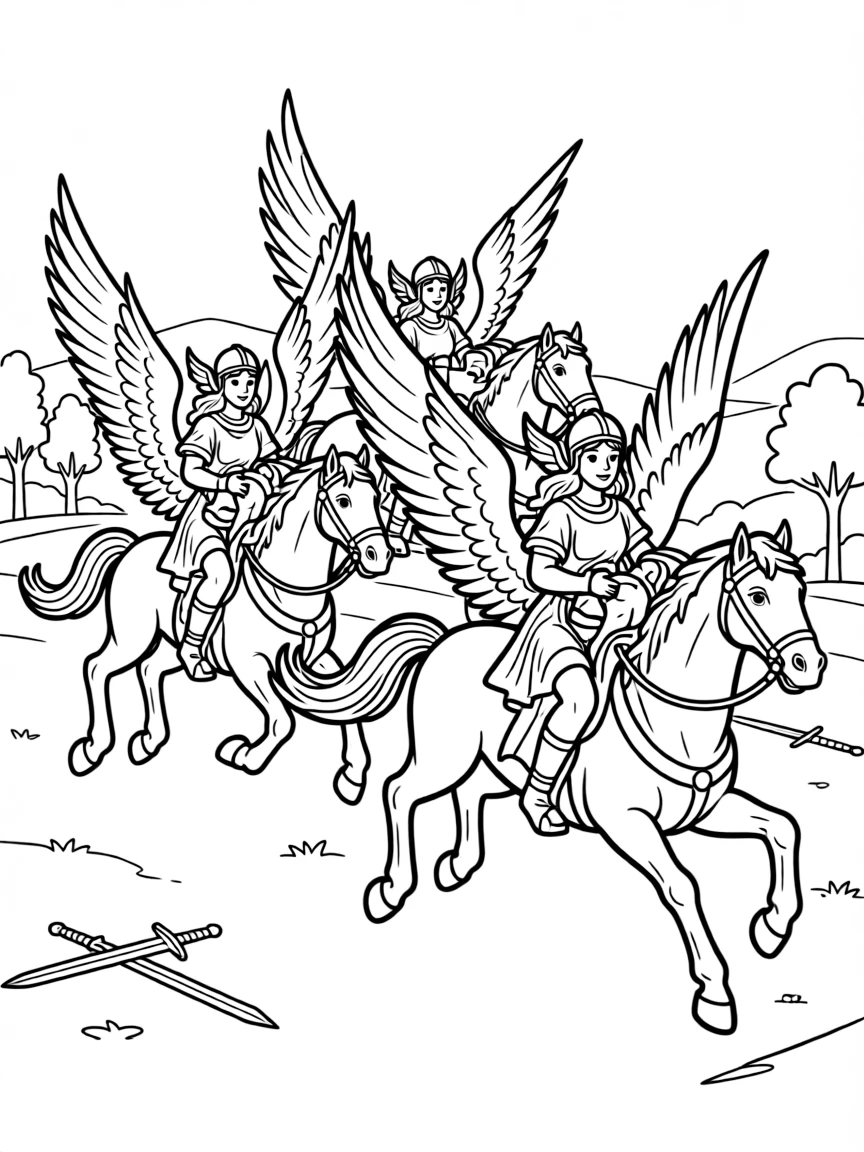 A group of valkyries riding winged horses across a battlefield, carrying fallen warriors to Valhalla