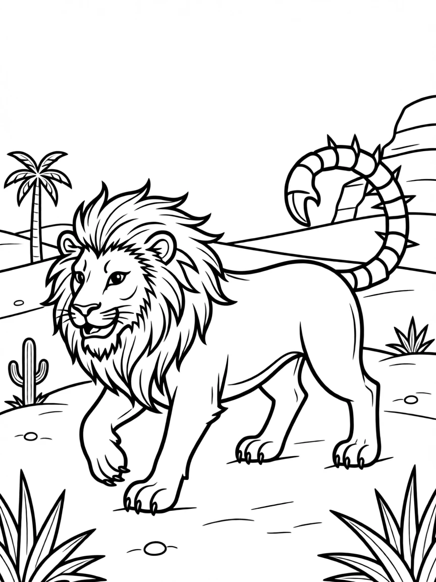 A manticore with human head, lion body, and scorpion tail stalking through Persian desert landscapes
