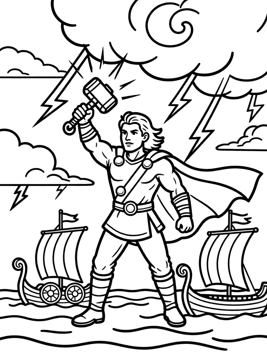 A Norse god Thor wielding his hammer Mjolnir during a thunderstorm, with lightning and Viking longships