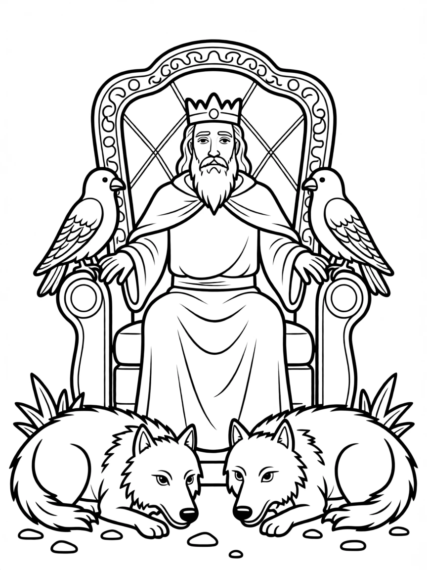 Odin the All-Father sitting on his throne with his ravens Huginn and Muninn and wolves at his feet