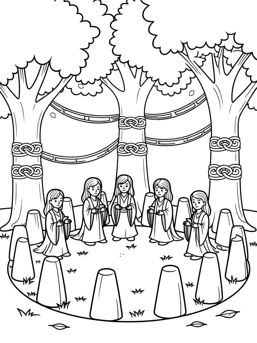 A group of Celtic druids performing rituals in a stone circle, with oak trees and Celtic knots decorating