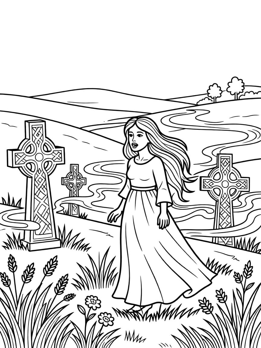 A banshee wailing on Irish moors, with ancient Celtic crosses and misty landscapes creating eerie mood