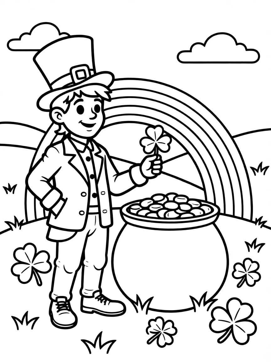 A leprechaun guarding his pot of gold at the end of a rainbow, with shamrocks and Irish countryside