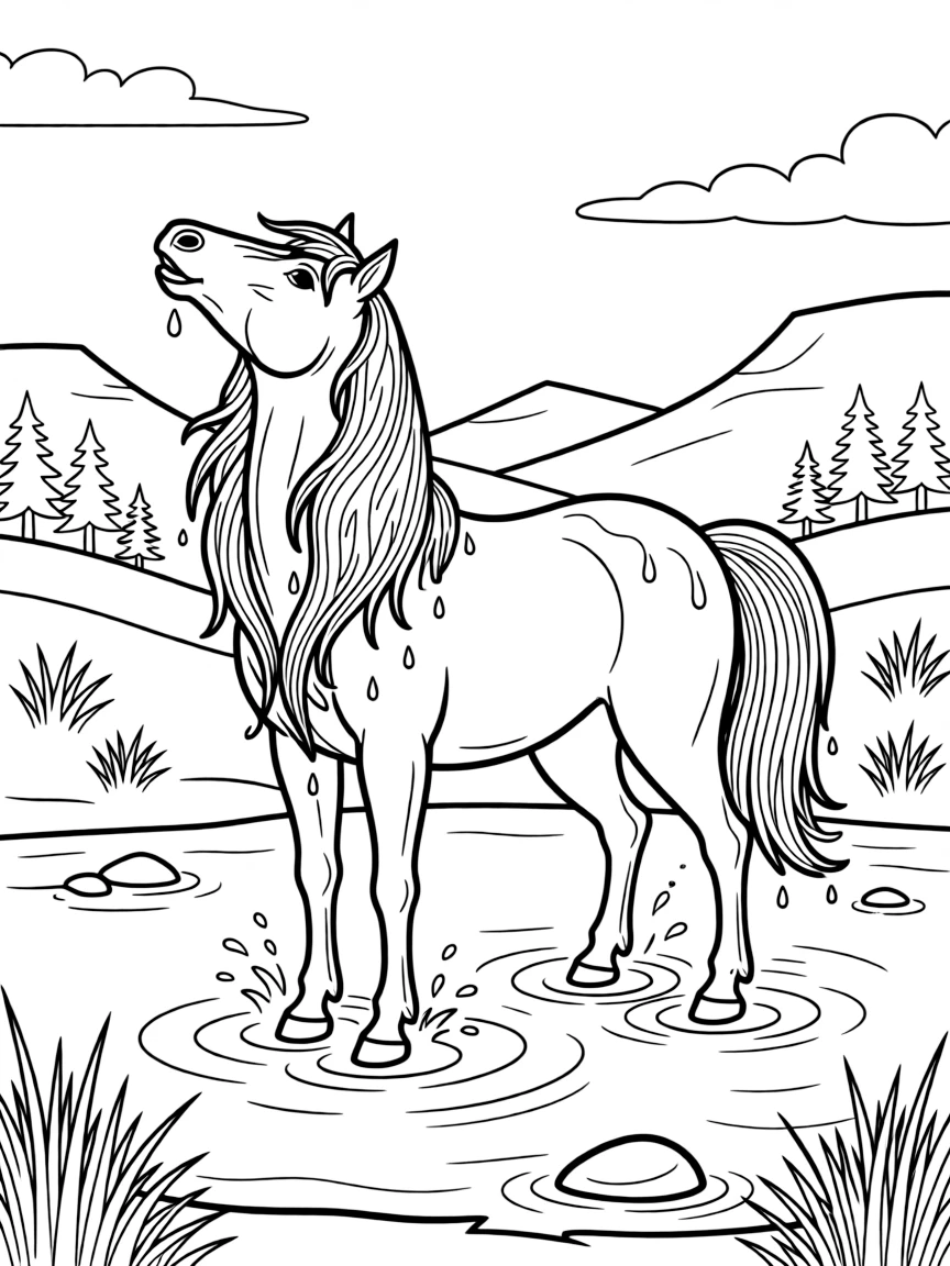 A kelpie water horse emerging from a Scottish loch, with its mane dripping and Highland scenery around
