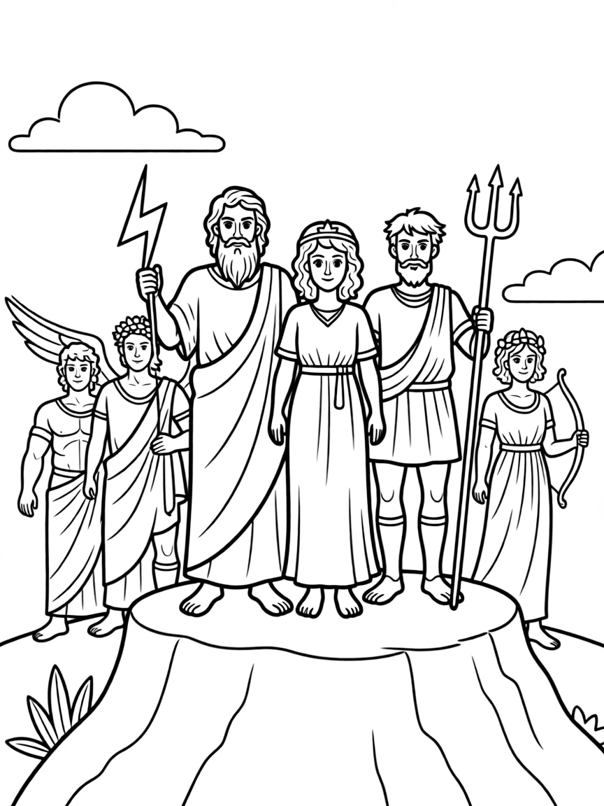 A group of Greek gods on Mount Olympus, with Zeus, Hera, Poseidon, and others in their divine forms
