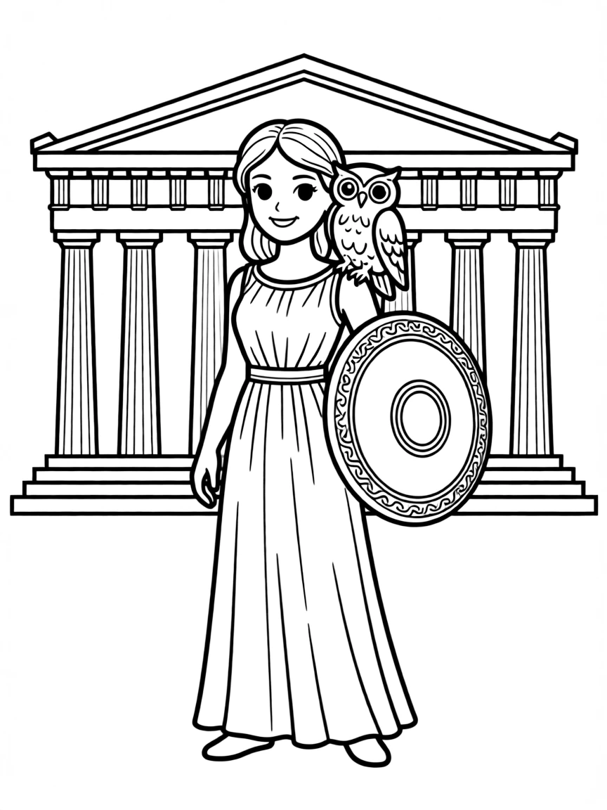 Athena the goddess of wisdom with her owl and shield, standing in front of the Parthenon temple