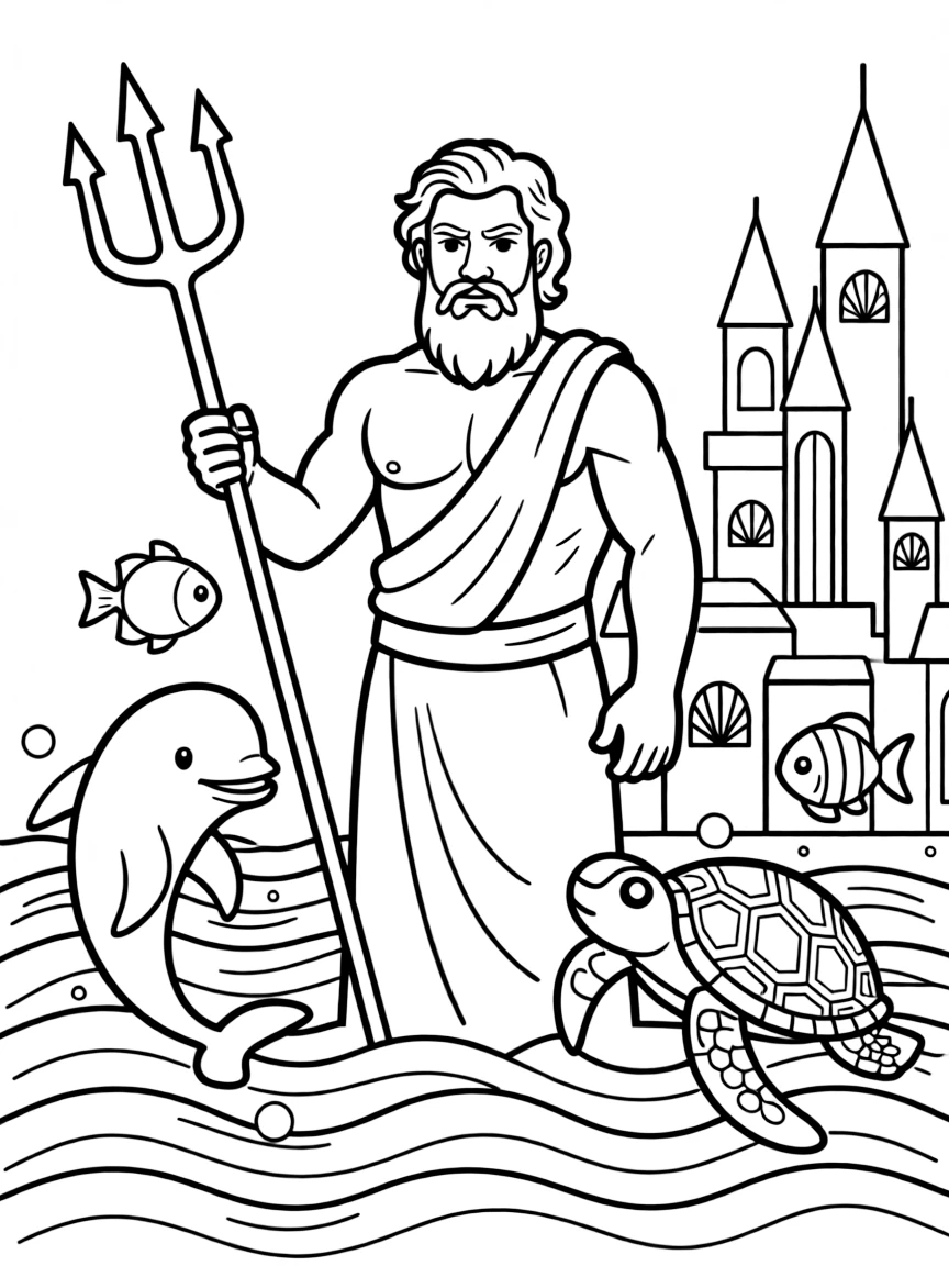 Poseidon rising from ocean waves with his trident, surrounded by sea creatures and underwater palaces