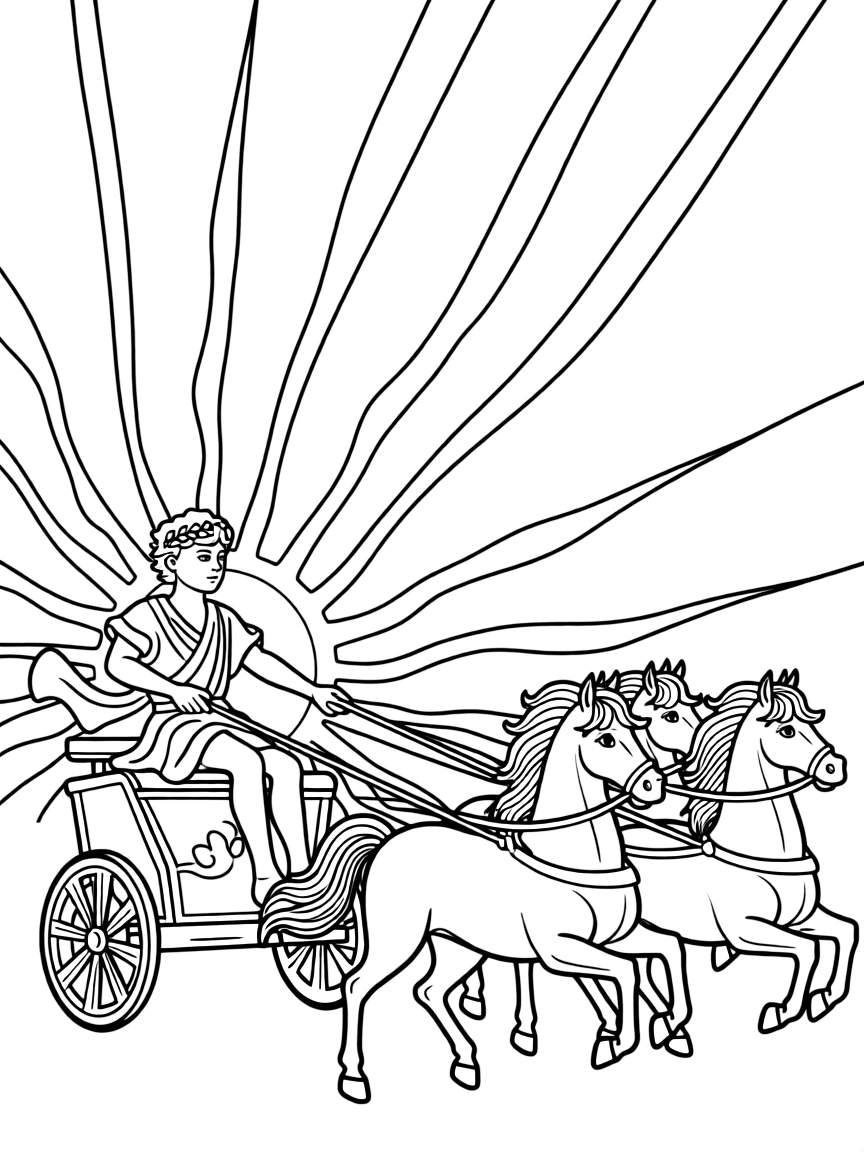 Apollo driving his sun chariot across the sky, with golden horses and rays of sunlight streaming behind