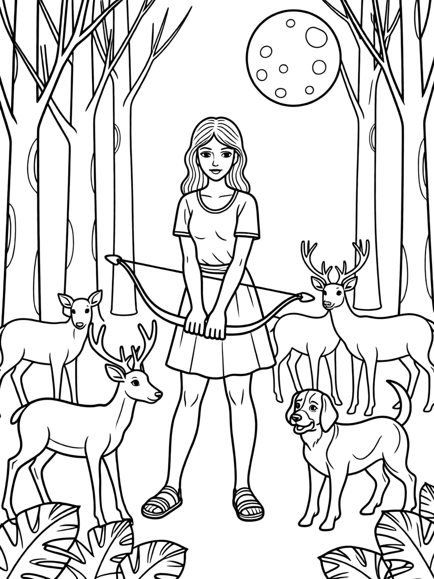 Artemis the huntress with her silver bow in a moonlit forest, accompanied by deer and hunting hounds