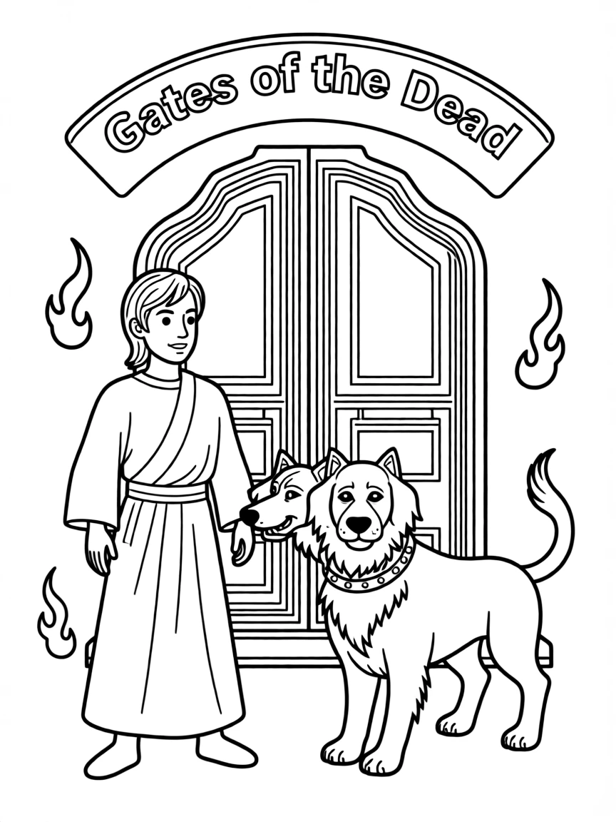 Hades ruling the underworld with Cerberus the three-headed dog guarding the gates of the dead
